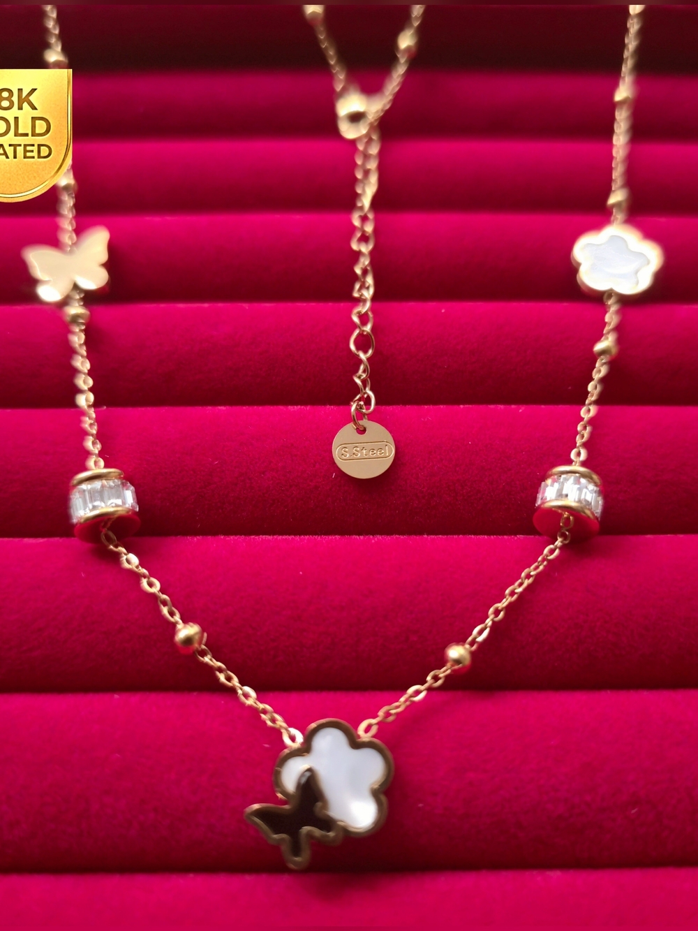 Gold-plated Necklace W/ White Flower ,Butterfly & Cylindrical Crystal  Charm B03